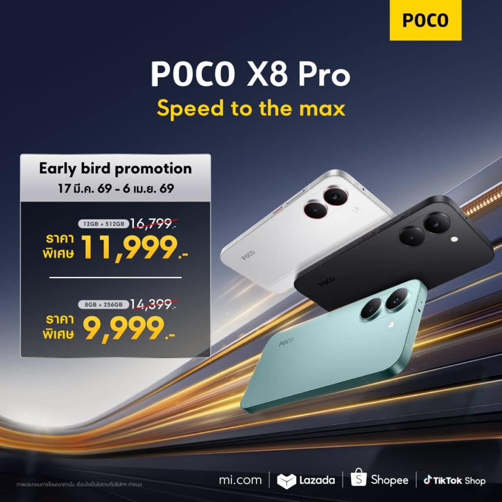 POCO X8 Pro POCO เปิดตัวสมาร์ทโฟน POCO X8 Pro Series รุ่นใหม่ล่าสุด ที่จะมายกระดับประสิทธิภาพยุคใหม่ให้ถึงขีดสุด ในราคาเริ่มต้นเพียง 9,999 บาท