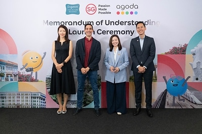From left to right: Jun Dong, Agoda Vice President, Omri Morgenshtern, Agoda Chief Executive Officer, Melissa Ow, STB Chief Executive, and Terrence Voon, STB Executive Director, Southeast Asia at the MOU launch ceremony on 13 August. From left to right: Jun Dong, Agoda Vice President, Omri Morgenshtern, Agoda Chief Executive Officer, Melissa Ow, STB Chief Executive, and Terrence Voon, STB Executive Director, Southeast Asia at the MOU launch ceremony on 13 August.