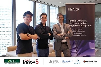(from left) Alex Neo, Director (Investments), Singtel Innov8; Christian Schneider, CEO, fileAI; Mayoran Rajendra, Managing Director — AI Transformation Department, SMBC (from left) Alex Neo, Director (Investments), Singtel Innov8; Christian Schneider, CEO, fileAI; Mayoran Rajendra, Managing Director — AI Transformation Department, SMBC